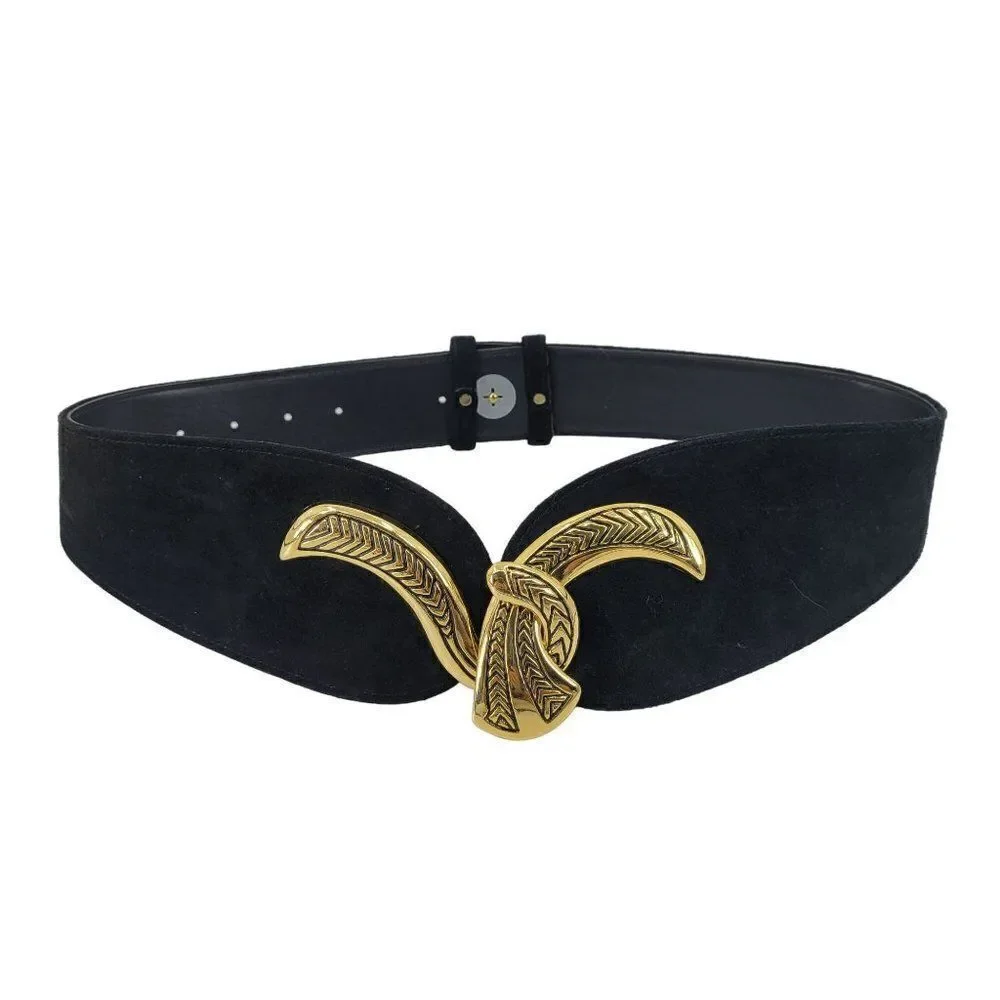 Vintage 80's Wide V Belt Black‎ Suede Ornate Gold Etched Hook Buckle Art to Wear